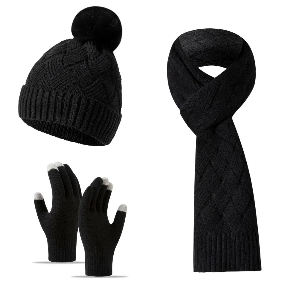 3Pcs/Set Warm Winter Hat Scarf Gloves Set Thicken Knitted Scarf Neck Warmer Suit Windproof Elastic Touchscreen Gloves