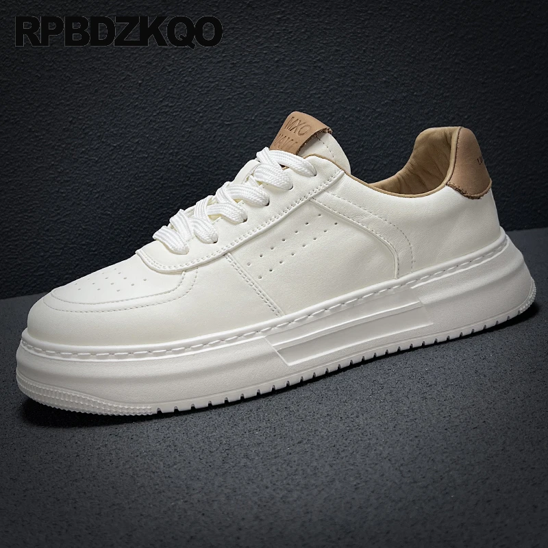 

Full Grain Leather Sport Thick Athletic Shoes Creepers Flats Lightweight Trainers Lace Up Men High Sole Round Toe Skate Sneakers