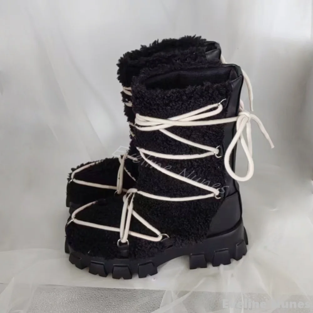 Lambswool Cross-strap Snow Boots Men/women Round Toe Platform Black Leather Mid Calf Boots 2024 Winter Warm New Couple Boots