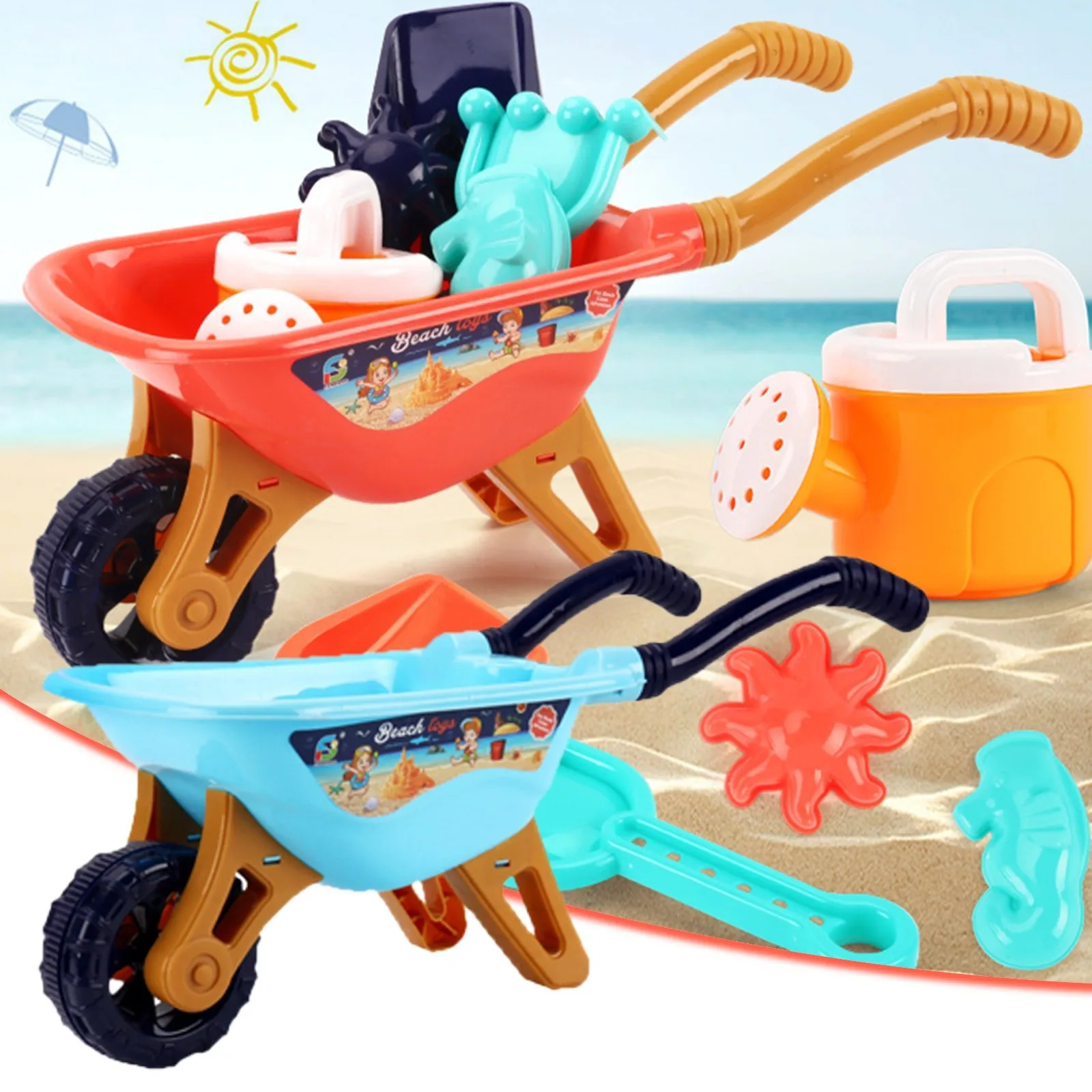 

6pcs Beach Toy Sand Play Tool Set Bucket Sieve Funnel Sand Shovel Sand Wagon Watering Can Summer Outdoor Toys Party Gifts