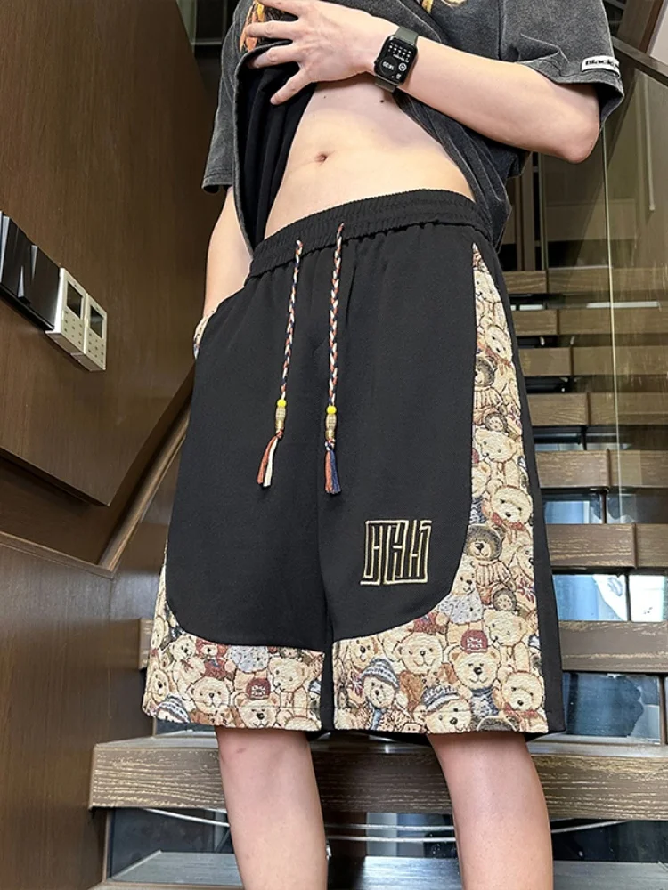 

Summer Men's Loose Casual Thin orts Faion Brand Bear Patchwork Straight Leg Loose Fit Five-Quarter Length Pants