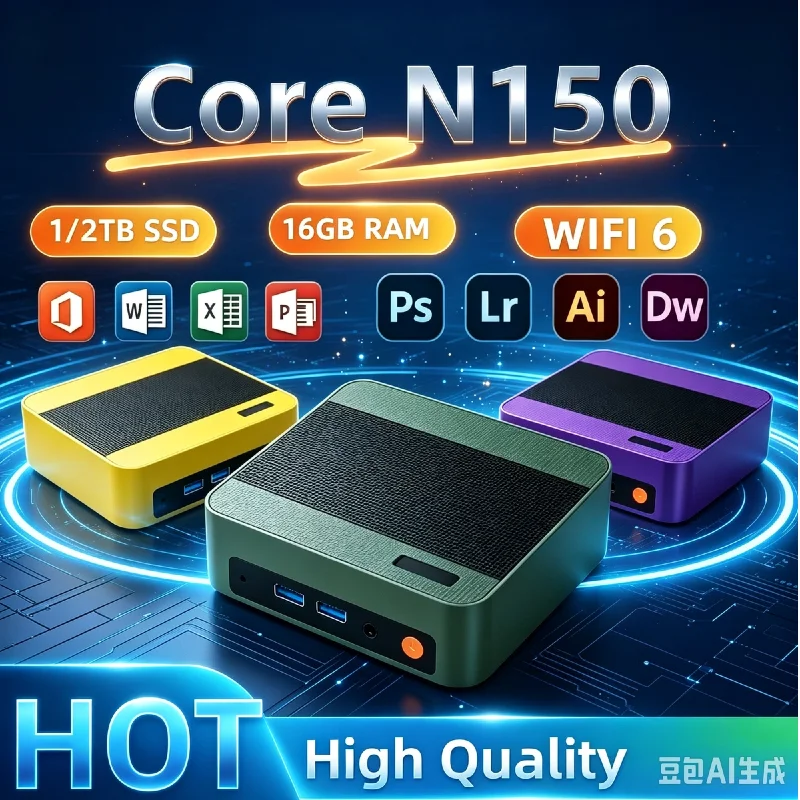 Lüfterloser Mini-PC mit Intel Core N150, 16GB DDR4, 512GB NVMe SSD, Unterstützung für drei 4K-Displays, Leichter Büro-Mini-Desktop