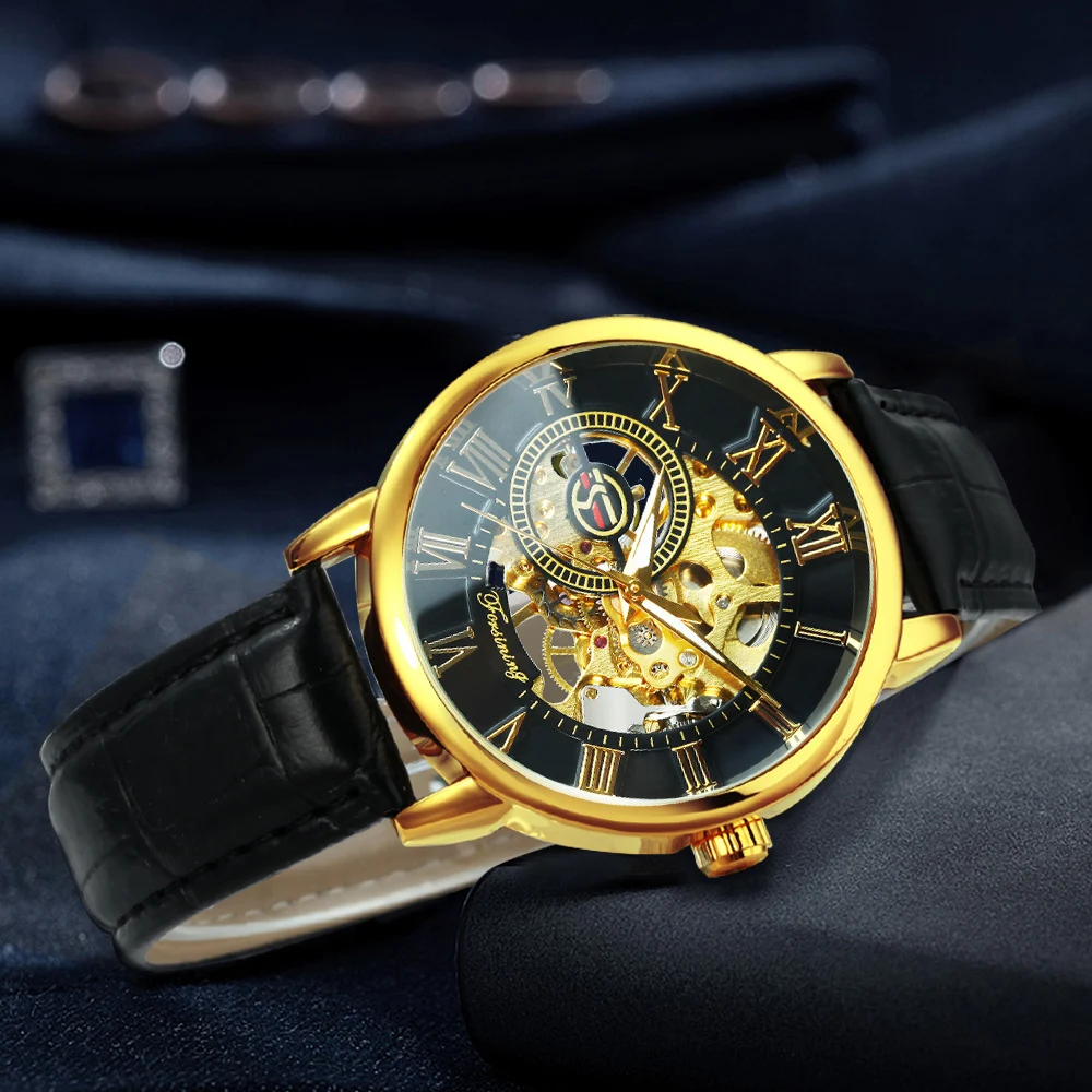 Forsining Classic Retro Skeleton Mechanical Watch for Men Luminous Hands Top Brand Luxury Mens Watches Leather Strap Clock 2024