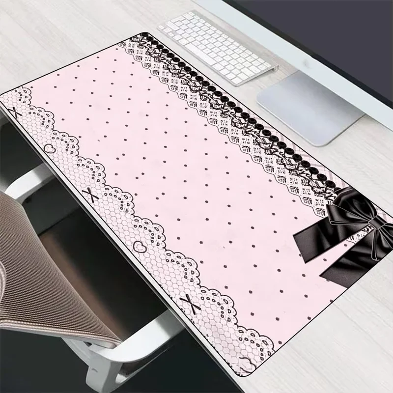Kawaii Pink Lace Flower Polka Dots Sweet Girl Dog Paw Pprint XXL PU Leather Mouse Pad E-sports Game Keyboard Student Dormitory