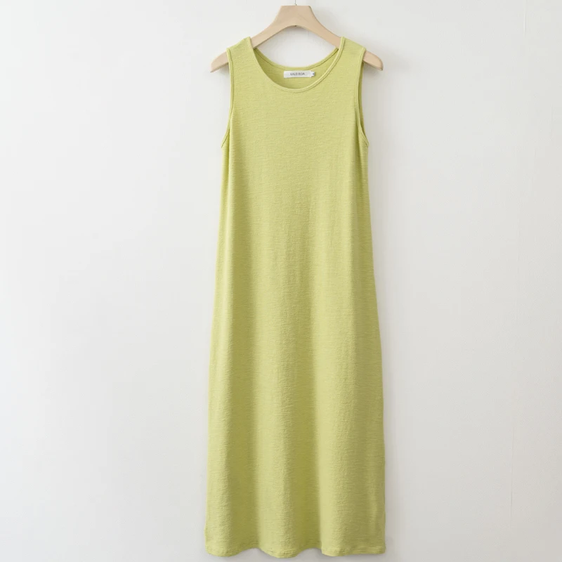 

2025 Summer Women Solid Linen V Neck Sleeveless Fashion Dress Split Tank Dress