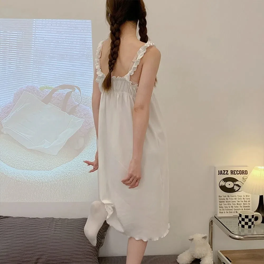 우아한 프릴 여성 잠옷 복장 민소매 느슨한 서스펜더 Nightdress v 넥 Homewear 슬링 나이트 가운 소녀