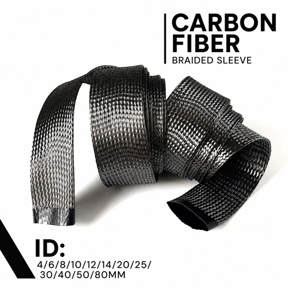 Carbon Fiber Cable Sleeve Braid Hollow Conductive Tape Wire Shielding Sleeve High Temperature Resistant ID 4-80mm Cable Sleeve