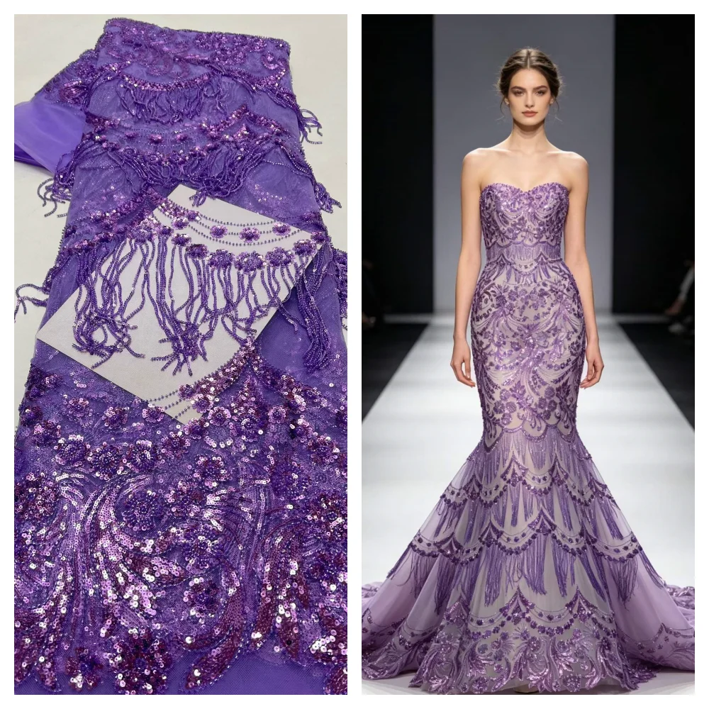 

Luxury tassel Evening Dresses High Quality Embroidery French Lace Fabric African Sequins Beaded Tulle Lace Fabric For Sewing