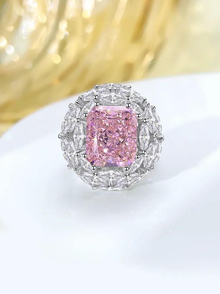 

Fashionable luxury pink diamond pure silver ring inlaid with imported high carbon diamond, high-end and niche temperament