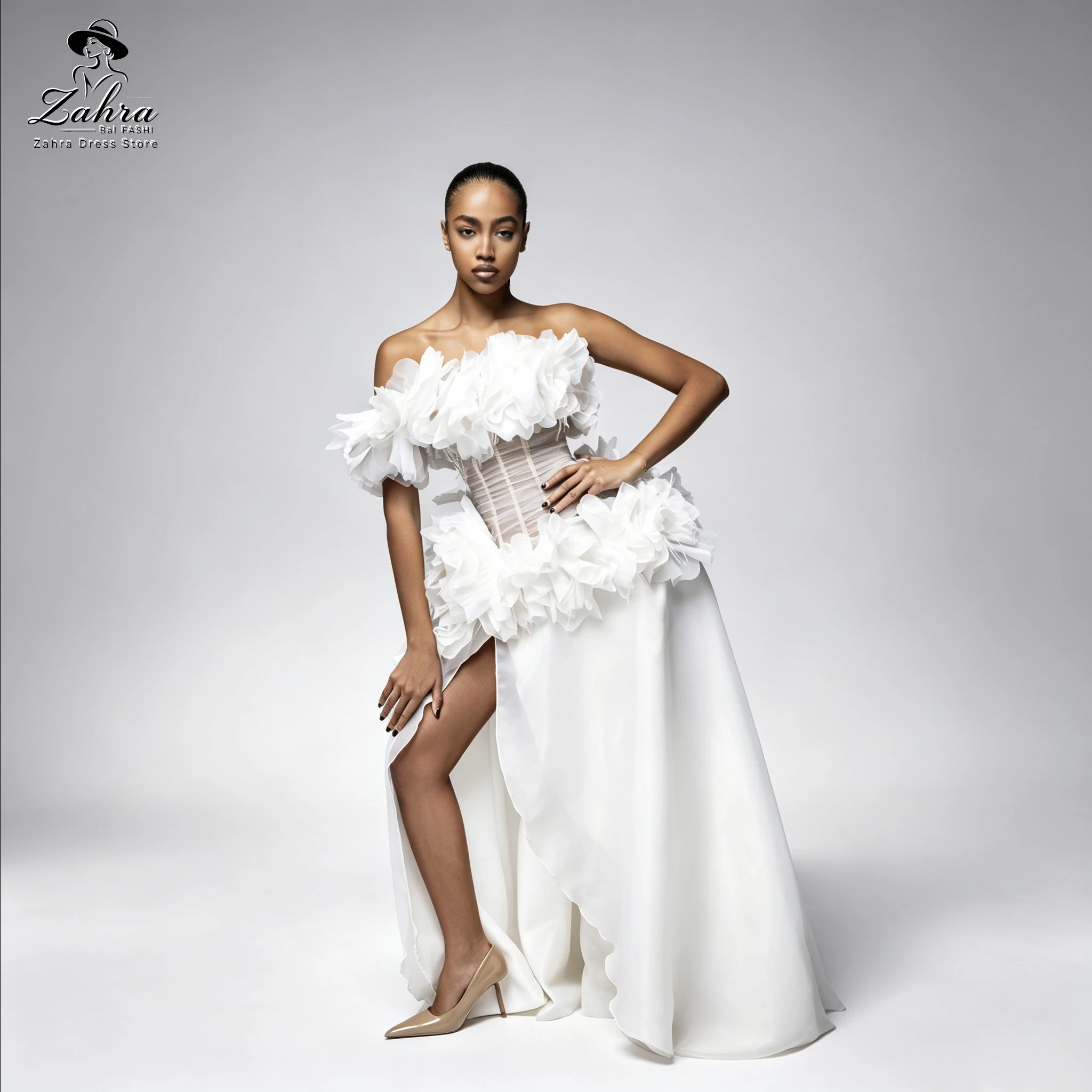 Robes de soirée blanches pour femmes 2026, coupe trapèze, épaules dénudées, corset floral 3D, fente haute, dos lacé, pour fêtes formelles