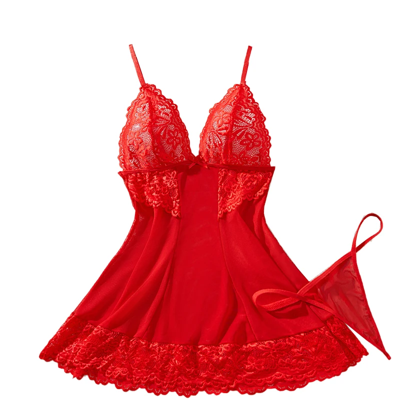 Sexy Lingerie For Woman Transparent Pijamas Porn Teddy Babydoll Red Lace Dress Underwear Crotchless Sleepwear Set Erotic Costume