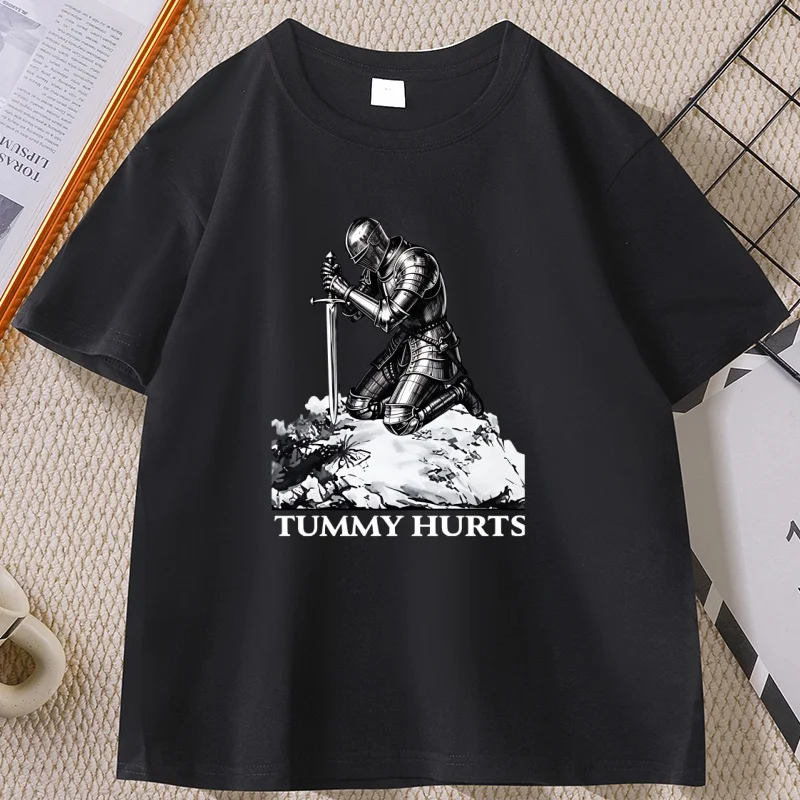 Tummy Hurts T-Shirt Funny Knight Meme Tee Vintage Gothic Graphic T Shirts Casual Round Neck Printed Cotton Short Sleeve Tees