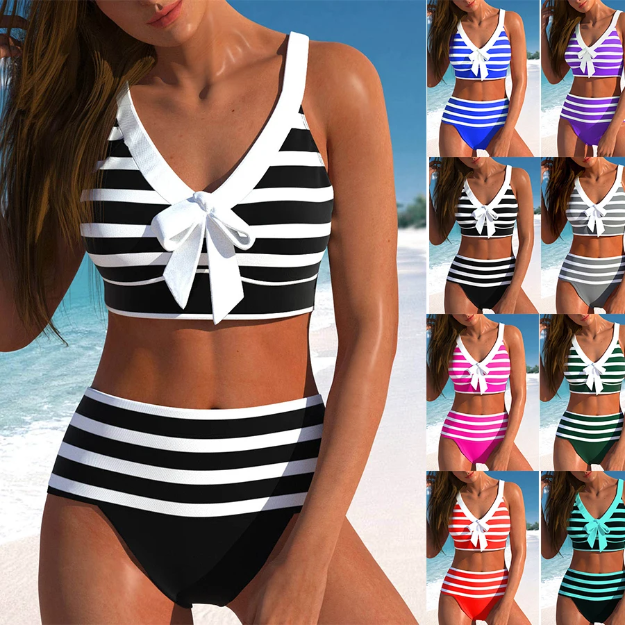 Women's New Summer Two-piece Swimsuit with Black and White Printed Sexy Lace Up Casual Beach Swimsuit S-6XL