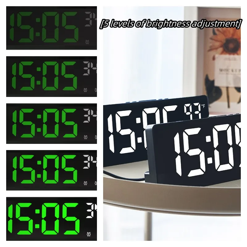 Horloge électronique LED grand écran, mode température et date, horloge de table, 5 modes d\'affichage de réglage de la luminosité recyclable, 12 H,