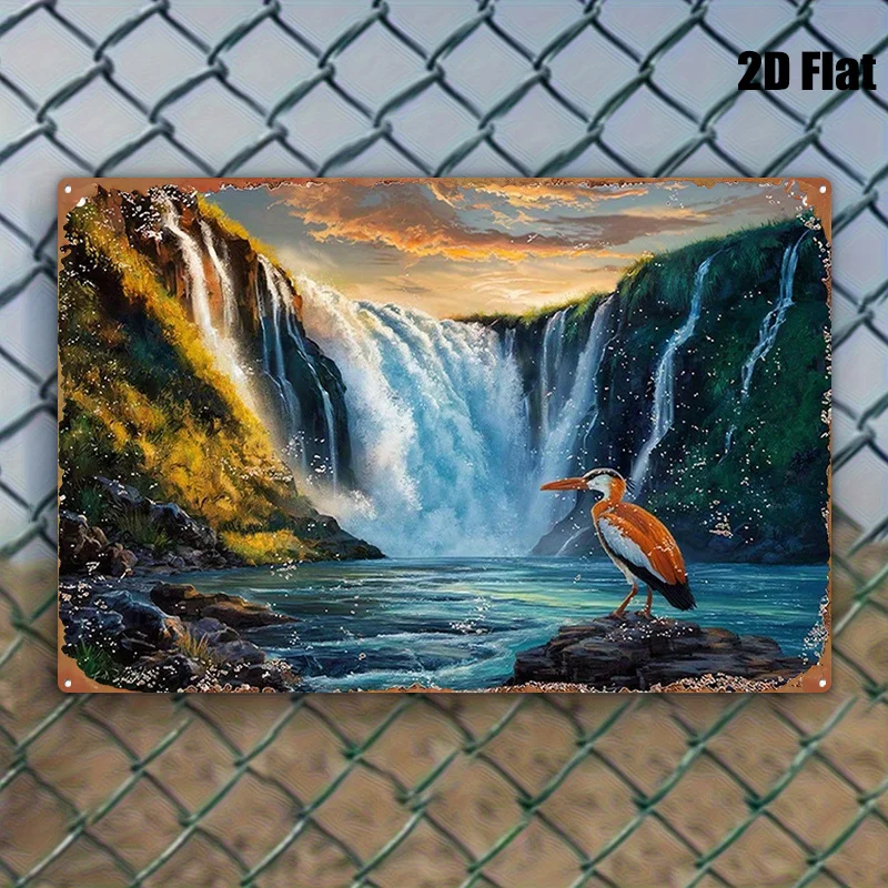 1pc 2D Flat Painting Waterfall with Egrets Landscape Decorative Painting Wrought iron Wall Art, with Pre-Drilled Holes for Easy