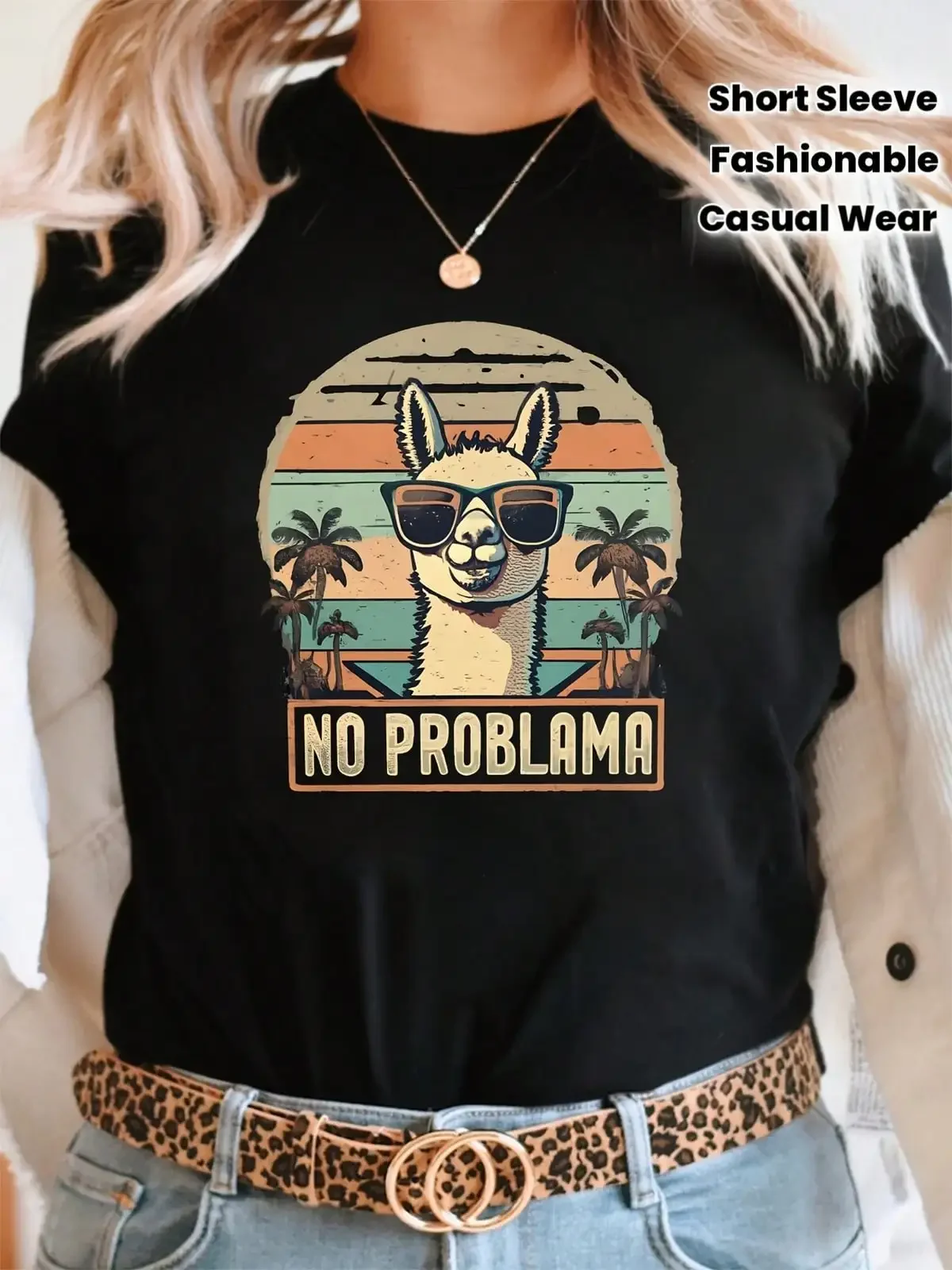 Cool And Stylish Alpaca NO PROBLAMA Graphic Print Women'S Round Neck Short Sleeve T-Shirt For Casual Outings And Holiday Gifts, Featuring A Vintage, Relaxed, And Fun Style That Conveys A Attitude,Suitable For All Seasons, Everyday Wear For Wome