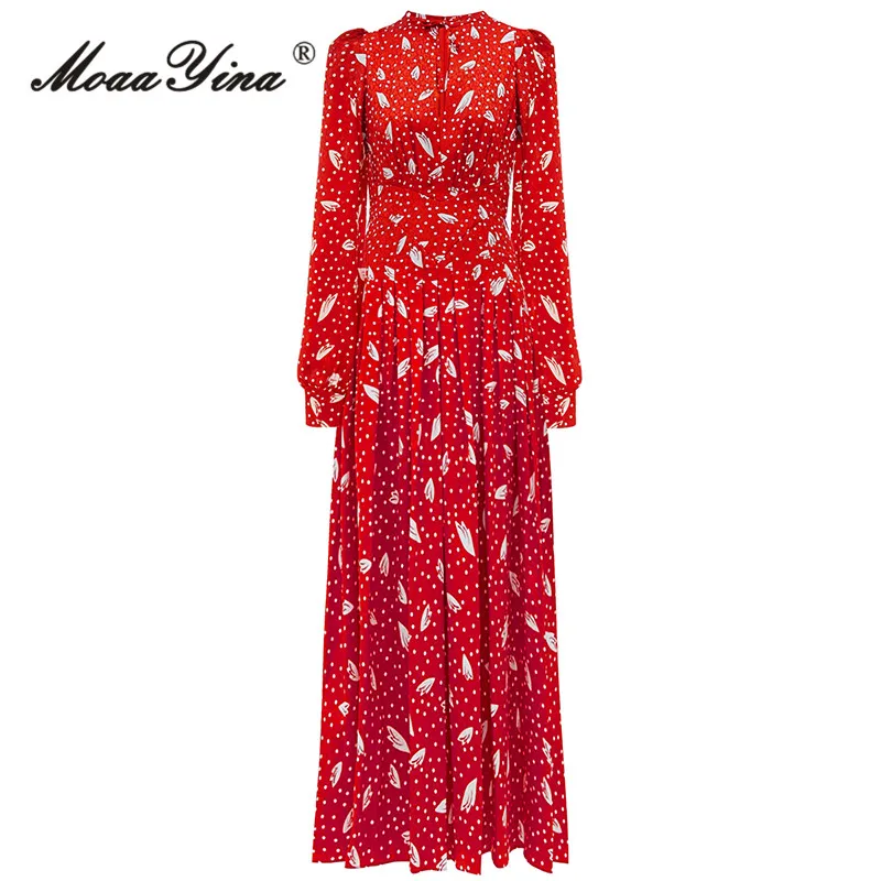 

MoaaYina Spring Fashion Designer Vintage Polka Dot Print Dress Women O Neck Long Sleeve Holiday Party High Waist Slim Long Dress