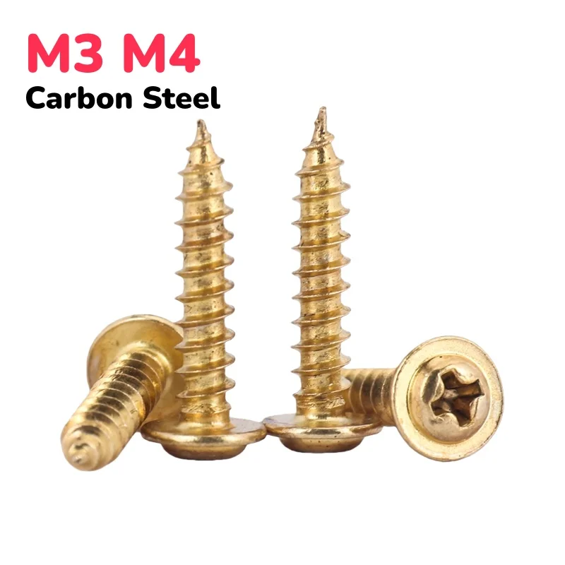 M3 M4 Carbon Steel PWA Gold Round Head Cross Self Tapping Screw With Washer Length: 6–40mm