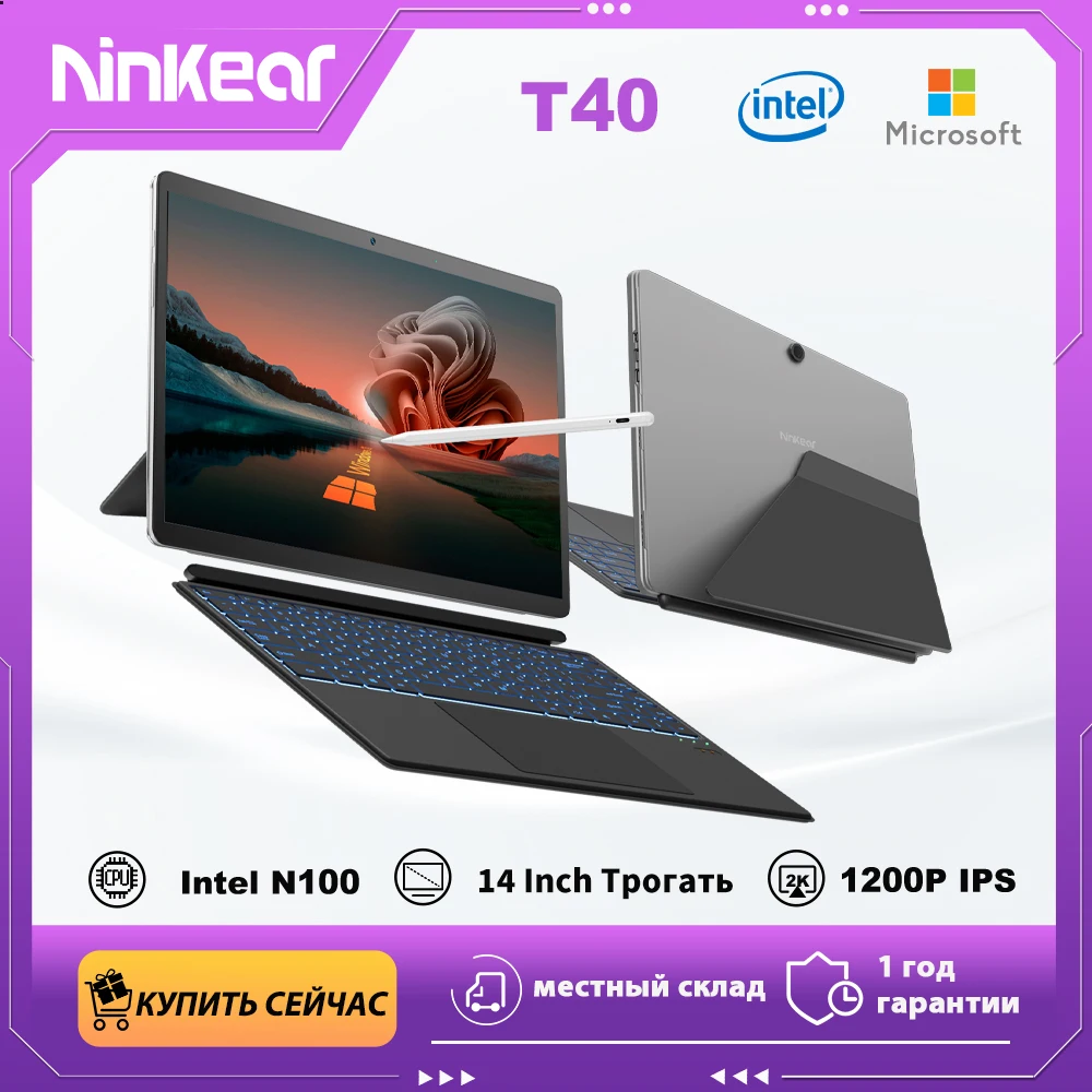 Ninkear T40 Tablet Mini Laptop 14 inch 2 in 1 Intel N100 16GB+512GB 1200P IPS Touch Screen Windows 11 Notebook