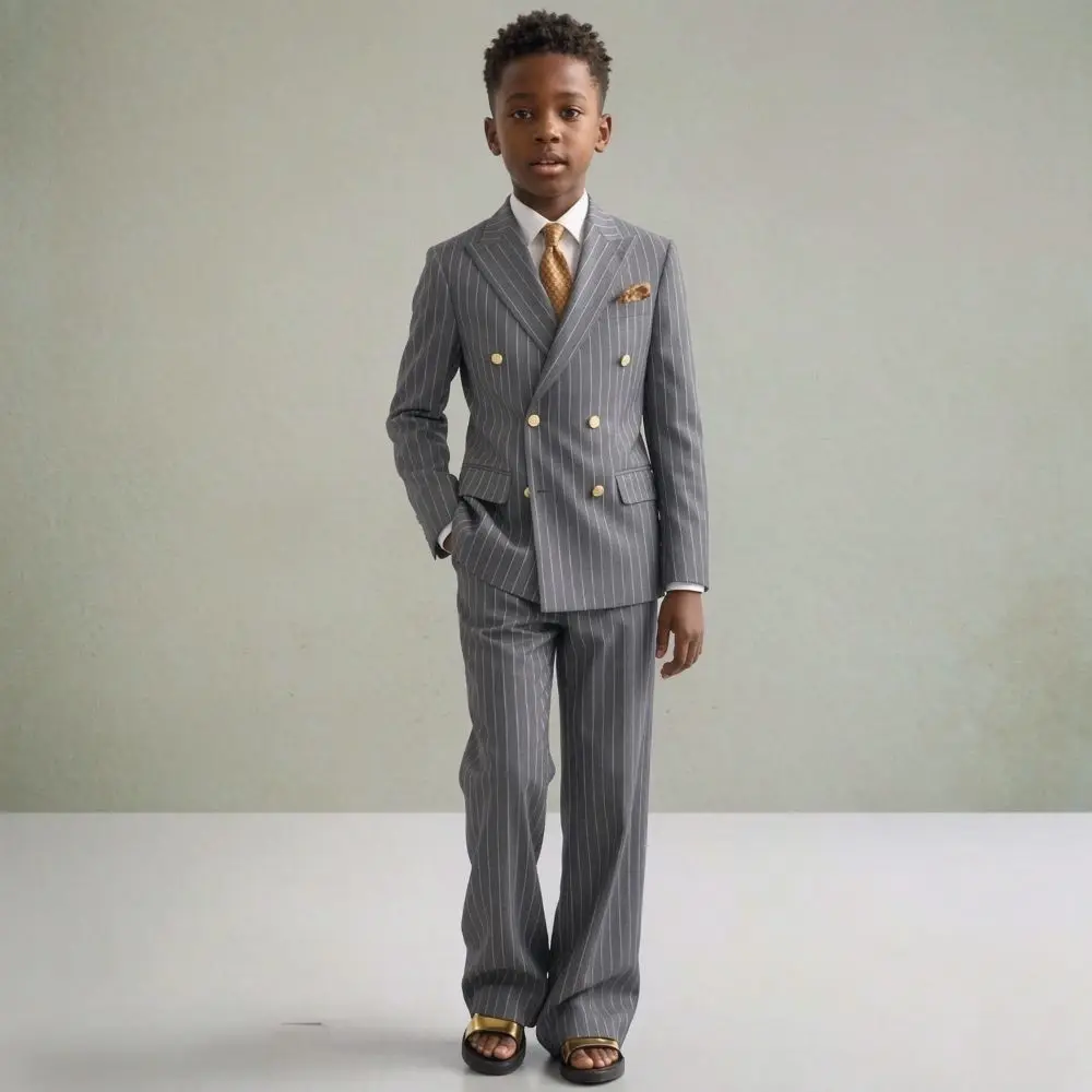 Striped Boy Suits 2 Piece Sharp Peak Lapel Smart Relaxed Fit Double Breasted Prom Wedding Child Suit for Graduation School Event