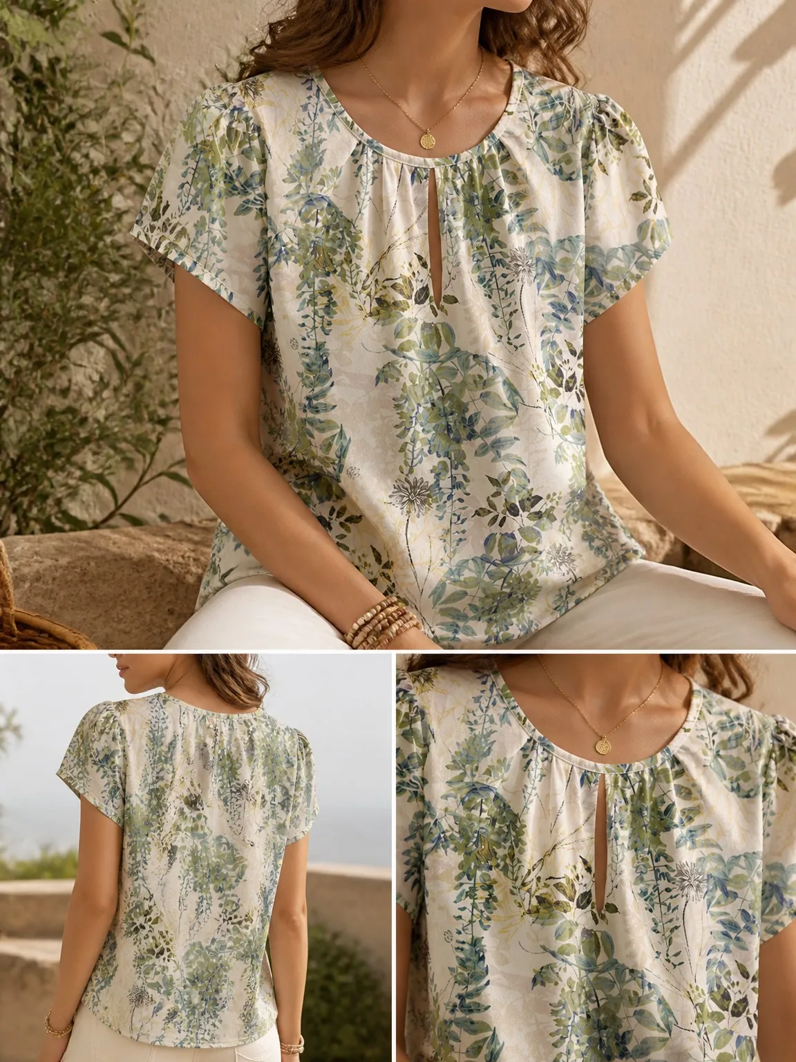 Elegant Botanical Print Ladies Shirt, Soft Light Pleated Round Neck Short Sleeve Daily Vacation Blouse
