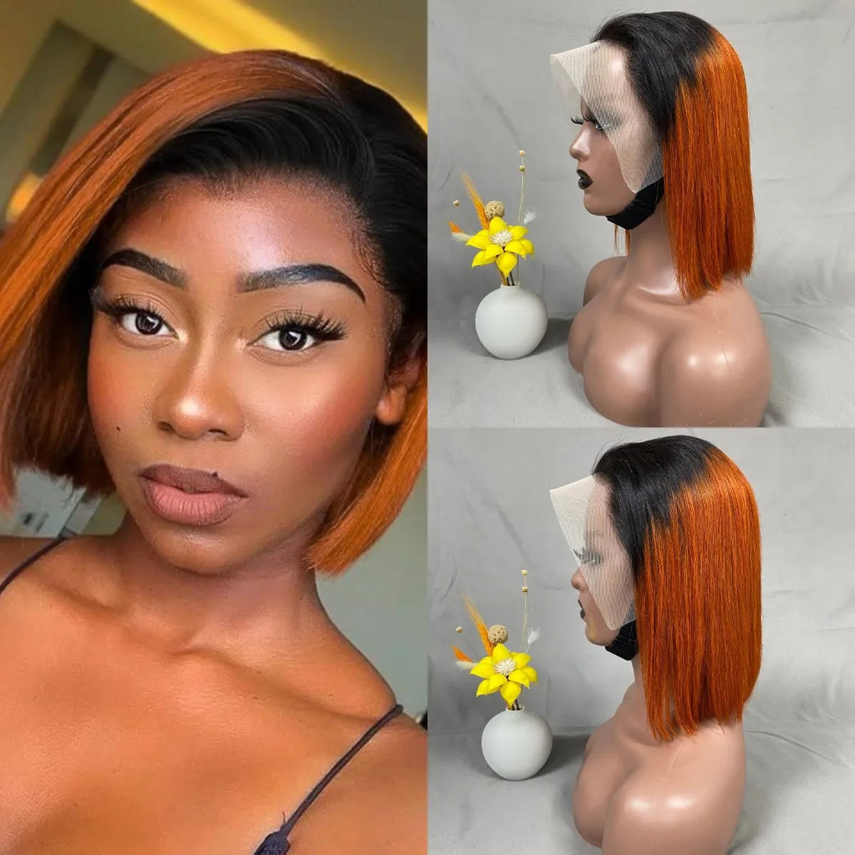 200% Density 13x4 Lace Front Wigs Ombre 1B/350 Black to Ginger Orange Human Hair Bob Wigs For Women Straight Short Bob WigStraig