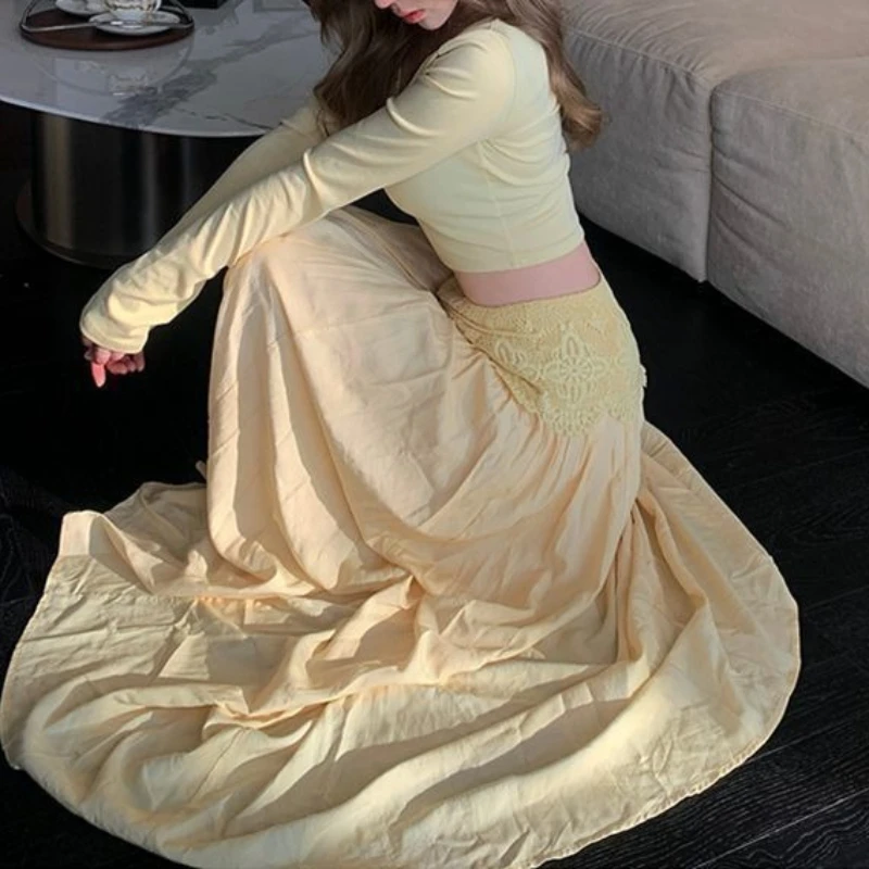 

Milk Yellow Top Long Skirt Two-piece Set Women's 2026 Spring New Pure Desire Wind Vacation Wear Waist Skirt Set