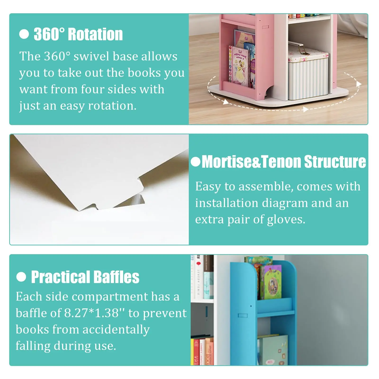 Libreria girevole a 4 livelli, 360 °     Libreria espositiva, libreria da terra, libreria per bambini per camera da letto, soggiorno, studio Ro