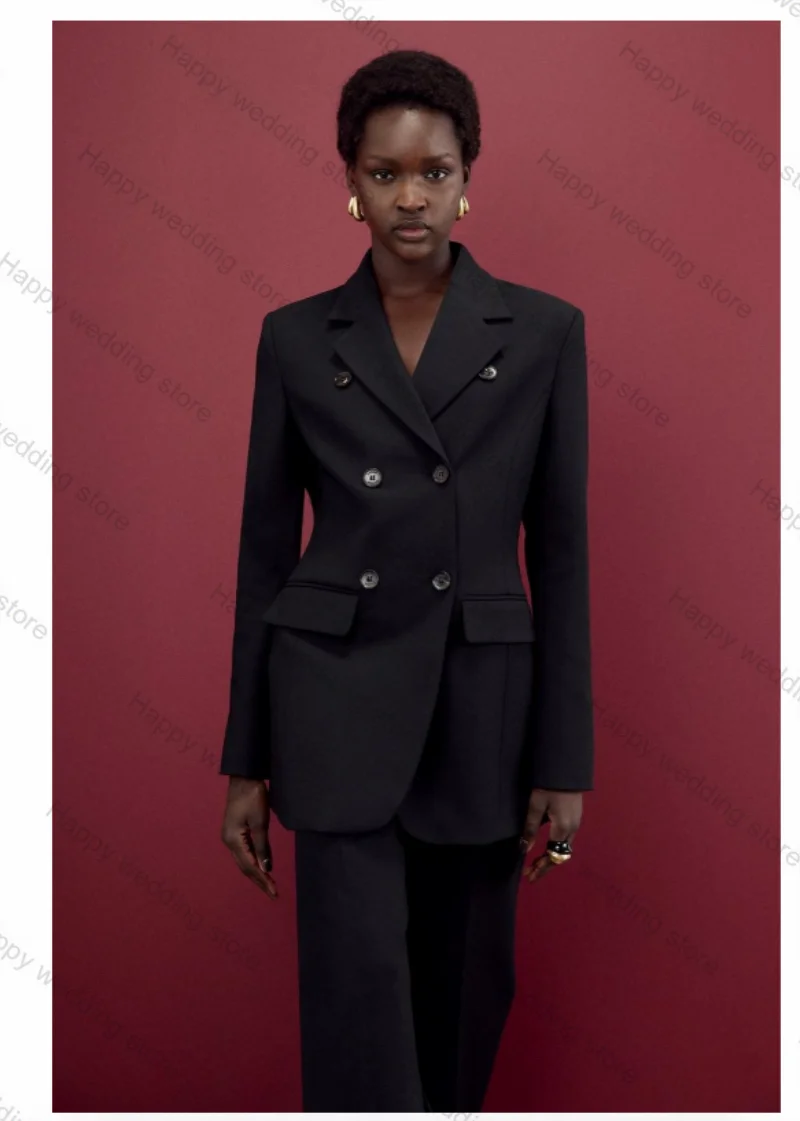 

Black Formal Women Suit Pants Set 2 Piece Blazer+Trousers Double Breasted Business Office Lady Coat Jacket Customized Outfit