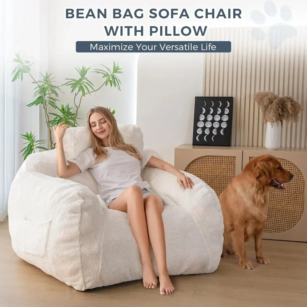 Giant Bean Bag Chair with Pillow, Boucle Bean Bag Sofa for Adults,Large Upholstered Bean Bag Couch Lazy Sofa with Filler