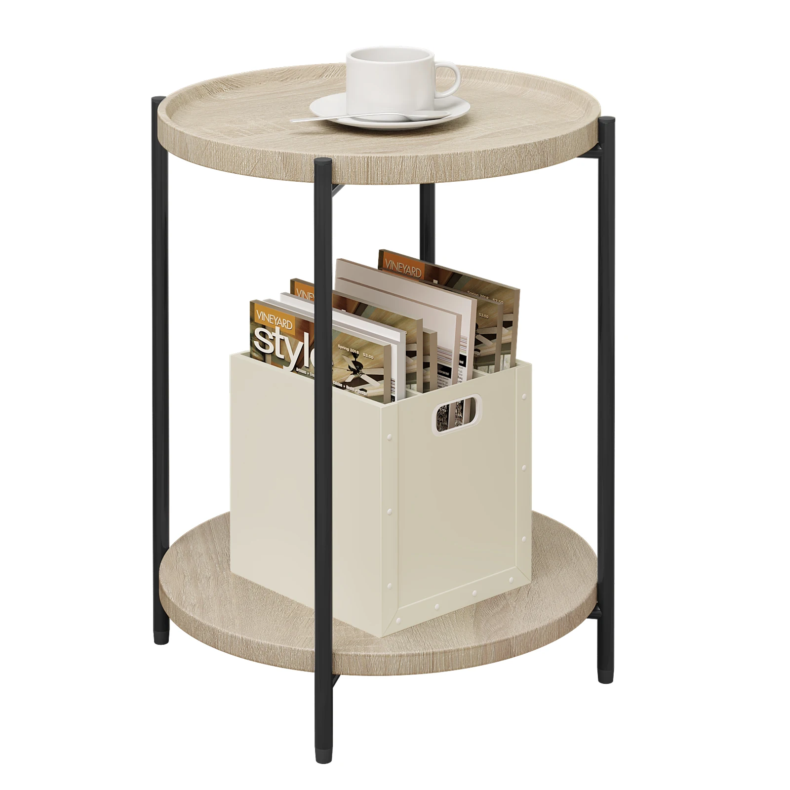 Ronde salontafel met 2 planken, verwijderbaar tafelblad, bank, telefoon, thee, nachtkastje voor woonkamer, slaapkamer, thuis