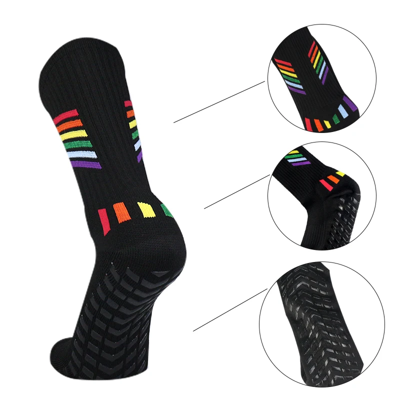 New Men Women Rainbow Line Pattern Football Socks Sports Square Silicone Non slip soccer Socks Calcetines Antiglide futbol