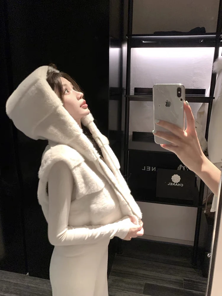 Women's Short Sleeveless Faux Fur Vest Coat with Hat Fall Winter High-End Versatile Fashion Korean Style Zipper Closure