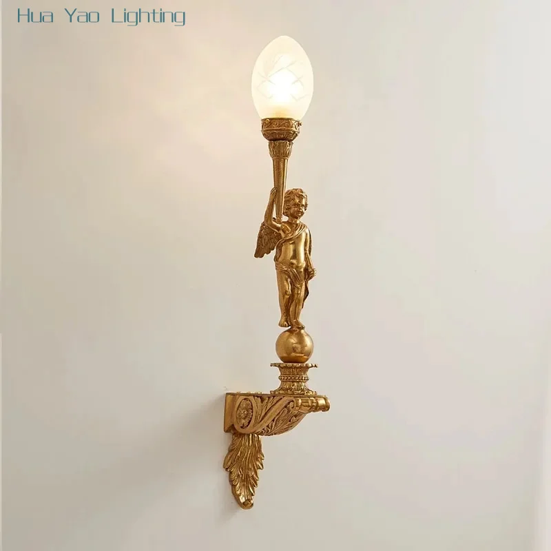 

Полностью медный настенный светильник во французском стиле, роскошная вилла, фойе, ангел, лампа, ретро-атмосфера, лампа для гостиной в европейском стиле