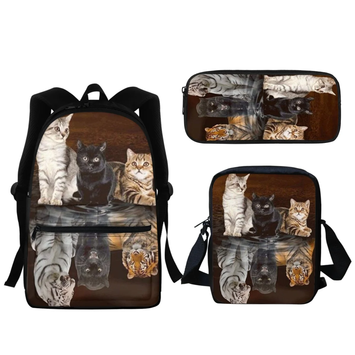 3PC Cartoon Tiger Cat Designer Fashion School Bag Children Girls Casual Zipper Backpack Pupil Pencil Case Mochila BookBags Gift