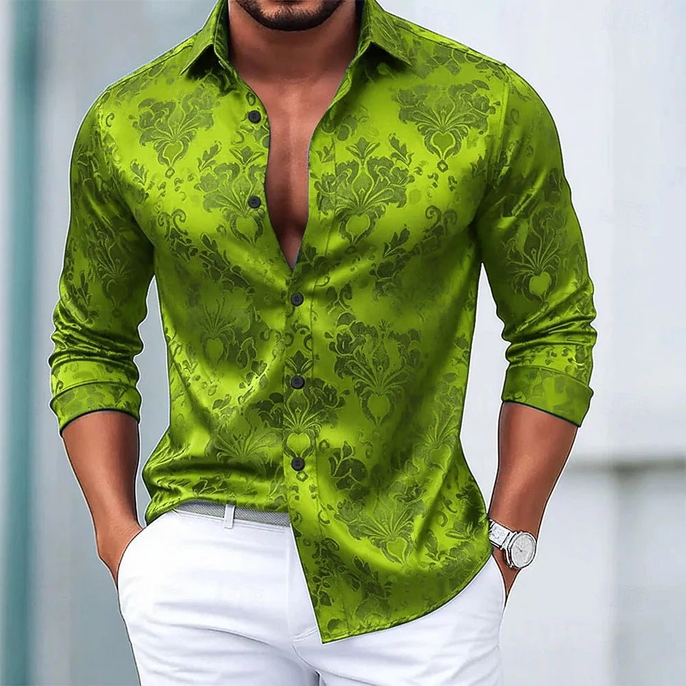 New men's gold edged Baroque rolled grass border with partial printed long sleeved shirt, smooth lapel top