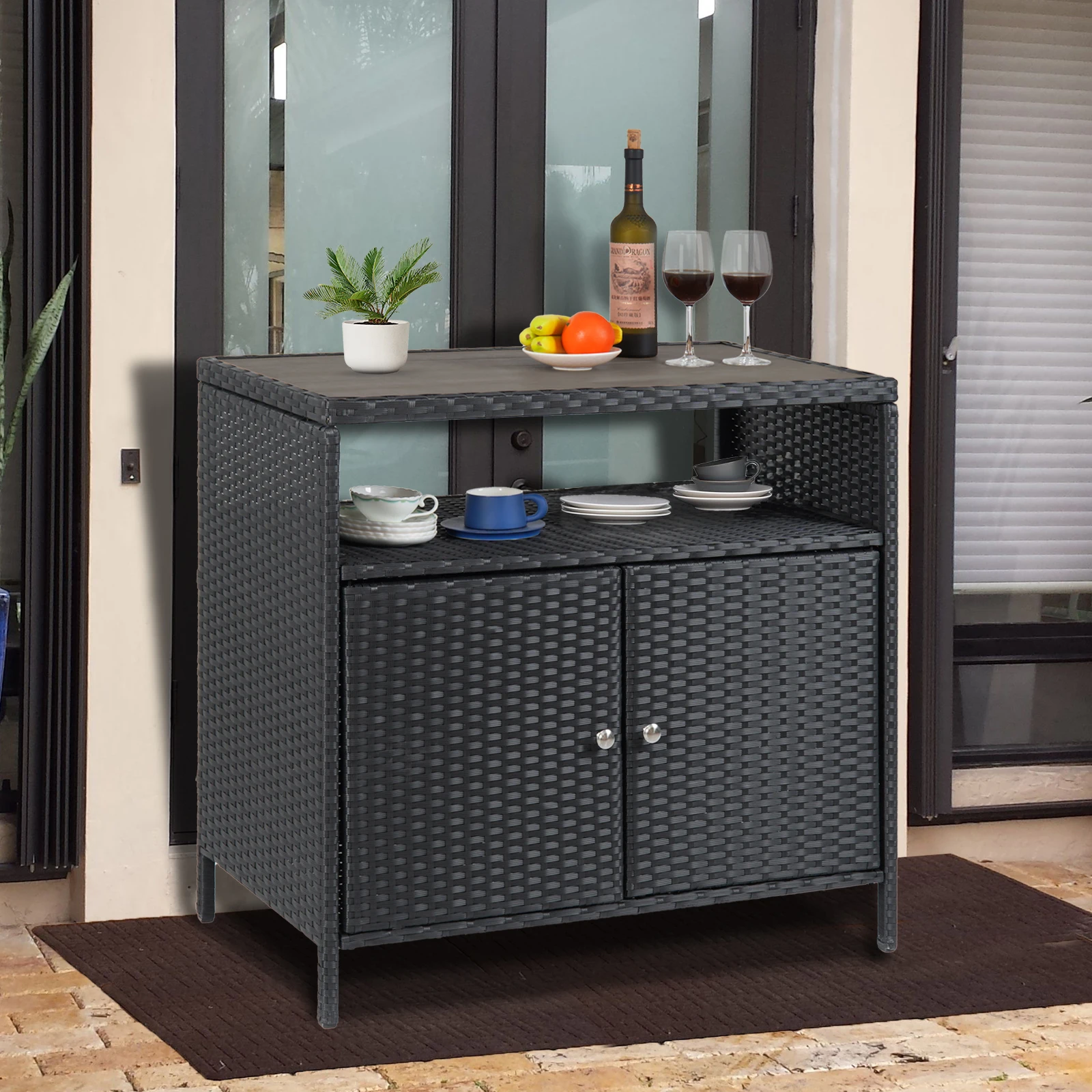 Outdoor Wicker Storage Cabinet Versatile Patio Bar Table with Spacious Tabletop,Open Shelf,Enclosed Cabinets, Weather-Resistant