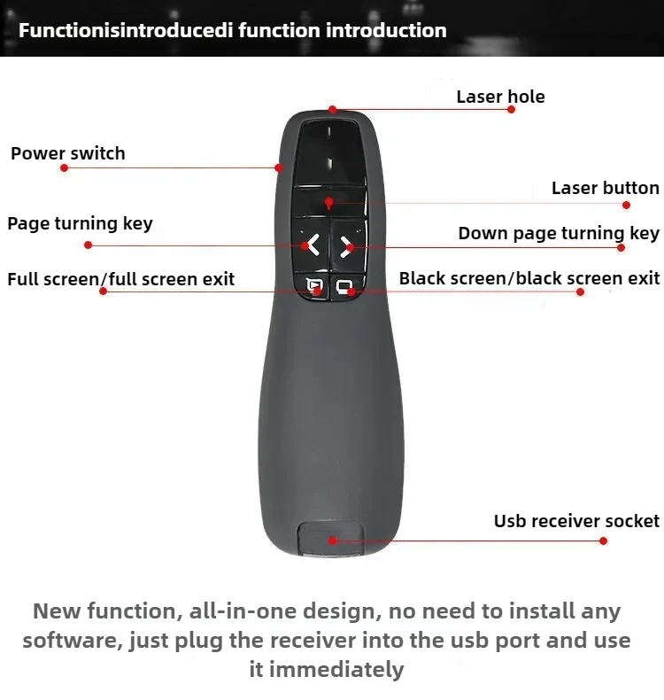 جهاز عرض تقديمي لاسلكي USB مع مؤشر ليزر أحمر لصفحة التحكم في شرائح PowerPoint حتى أسفل جهاز التحكم عن بعد للمعلمين