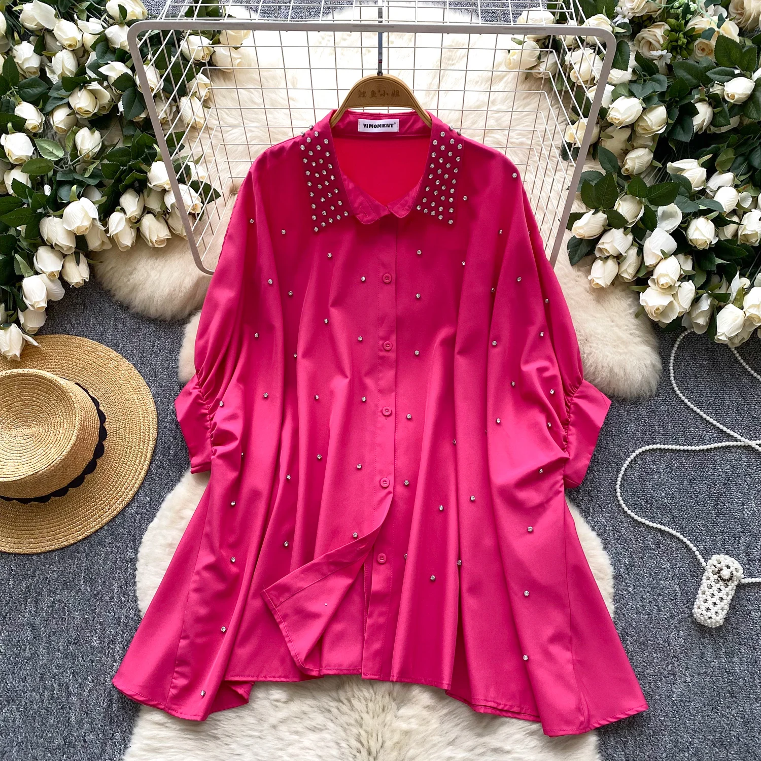 

Vintage Elegant rhinestone button Blouse Fashion Shirt Casual Chic Top Fairy Summer Women Shirt