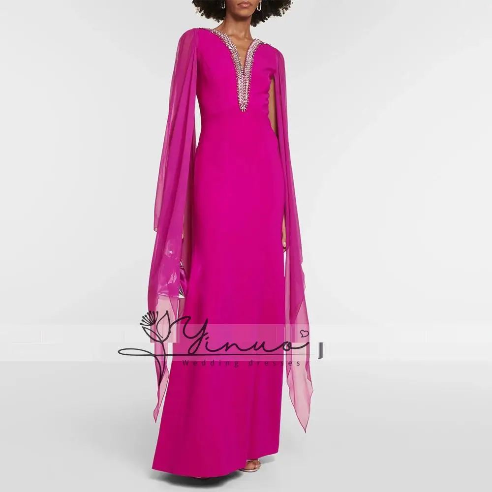 

Women's Evening Dresses Fuchsia Crystal Deep V Neck Evening Gowns Long Cloak Sleeves Mermaid/Trumpet Formal Party Dress 202