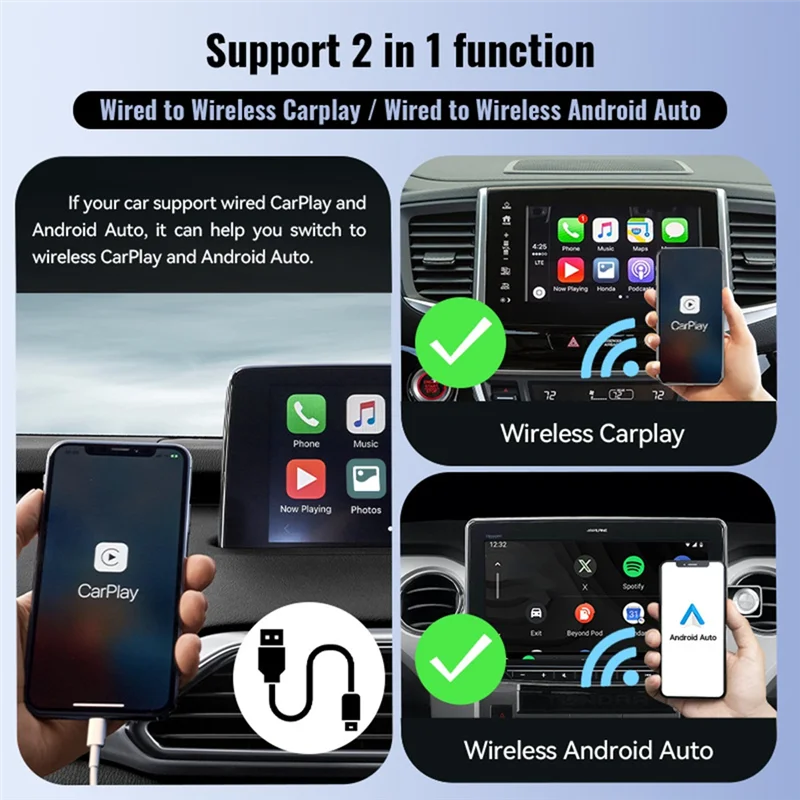 BTLIFE-2In1 Carplay sem fio e Android Auto Box Conexão automática estável e rápida BT Wifi Fácil de operar Plug & Play AI Carplay Box