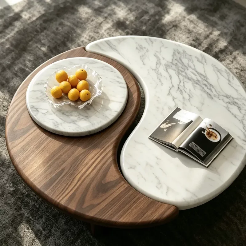 New Chinese Rock Slab Solid Wood Coffee Table Round Tai Chi Style 2026 Creative Song Aesthetics Modern Simplicity Living Room