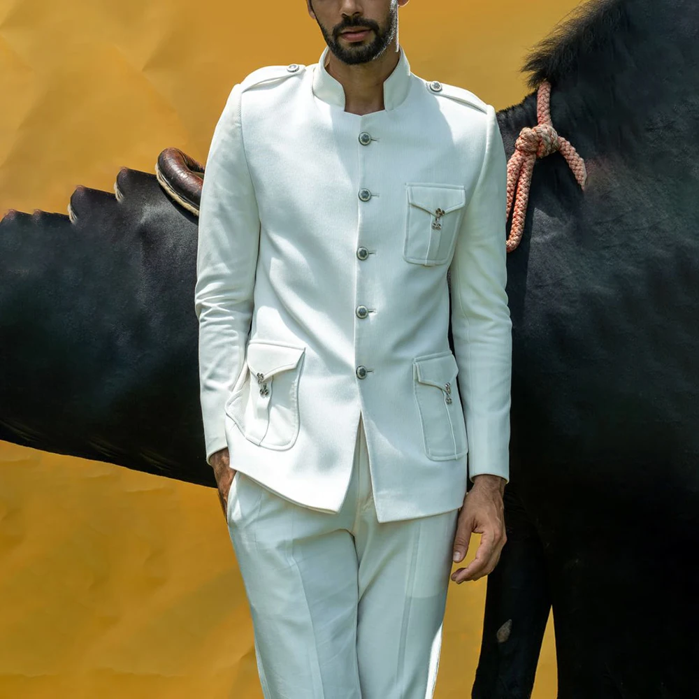 

Elegant Men's Suits 2 Piece Jacket Pants High Quality Single Breasted Stand Lapel Slim Male Clothing Customzied Daily Safari Set