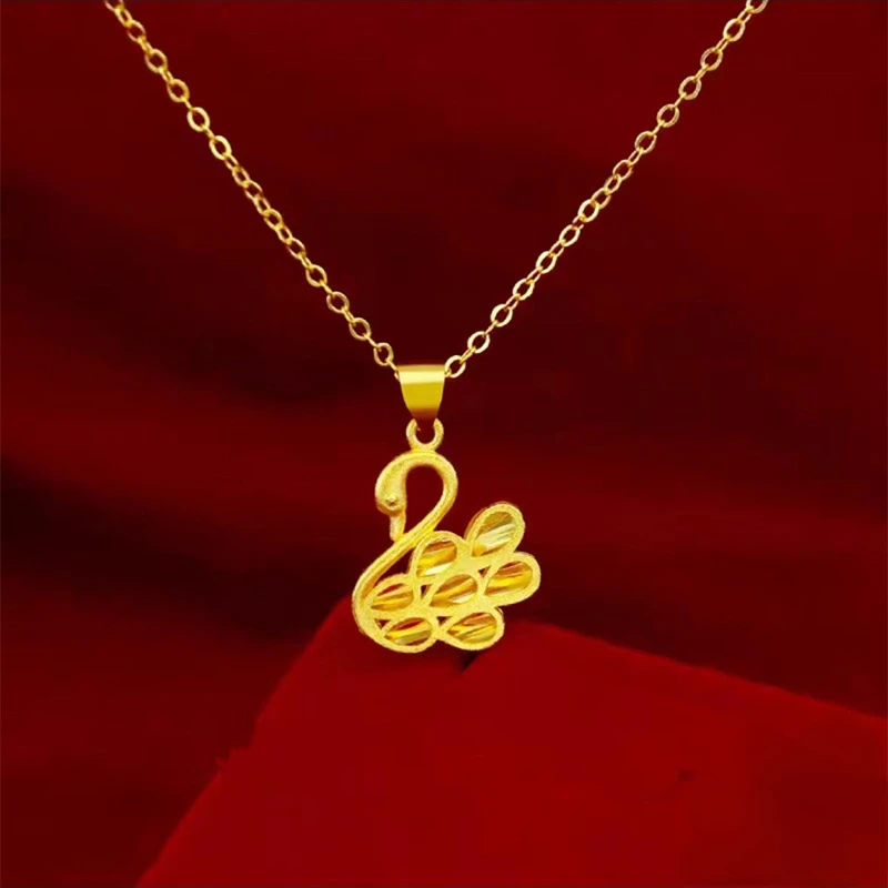 

24k Pure Yellow Gold Color Swan Pendant Pendant Necklaces for Women Girl Bride Chocker Chain Valentine Wedding Jewelry Gifts