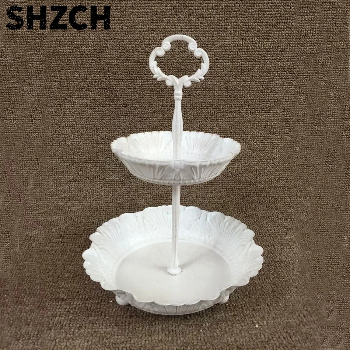 White 2-Tier Serving Stand, Vintage Iron with Scalloped Edges, Decorative Handle, 7.1 x 7.1 x 9.8 Inches
