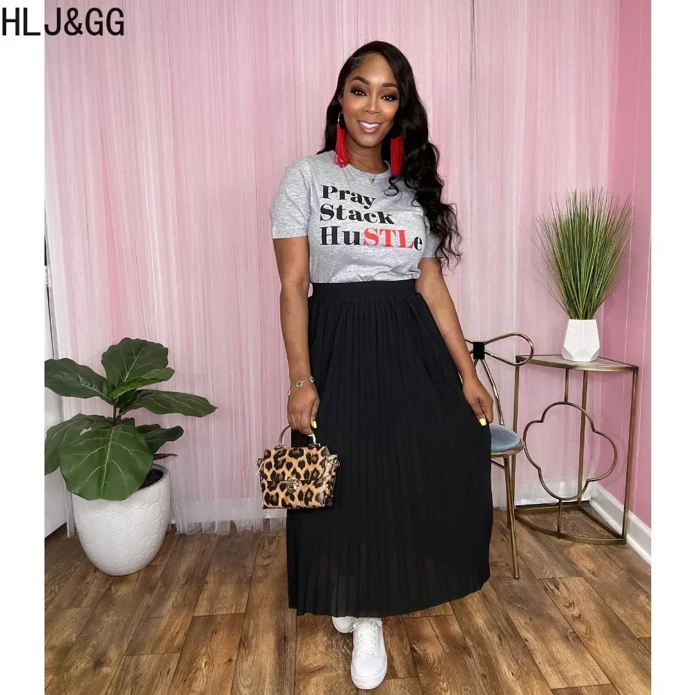 HLJ&GG Casual Letter Print Pleated Skirts Two Piece Sets Women O Neck Short Sleeve Tshirt And Skirts Outfit Female 2pcs Clothing