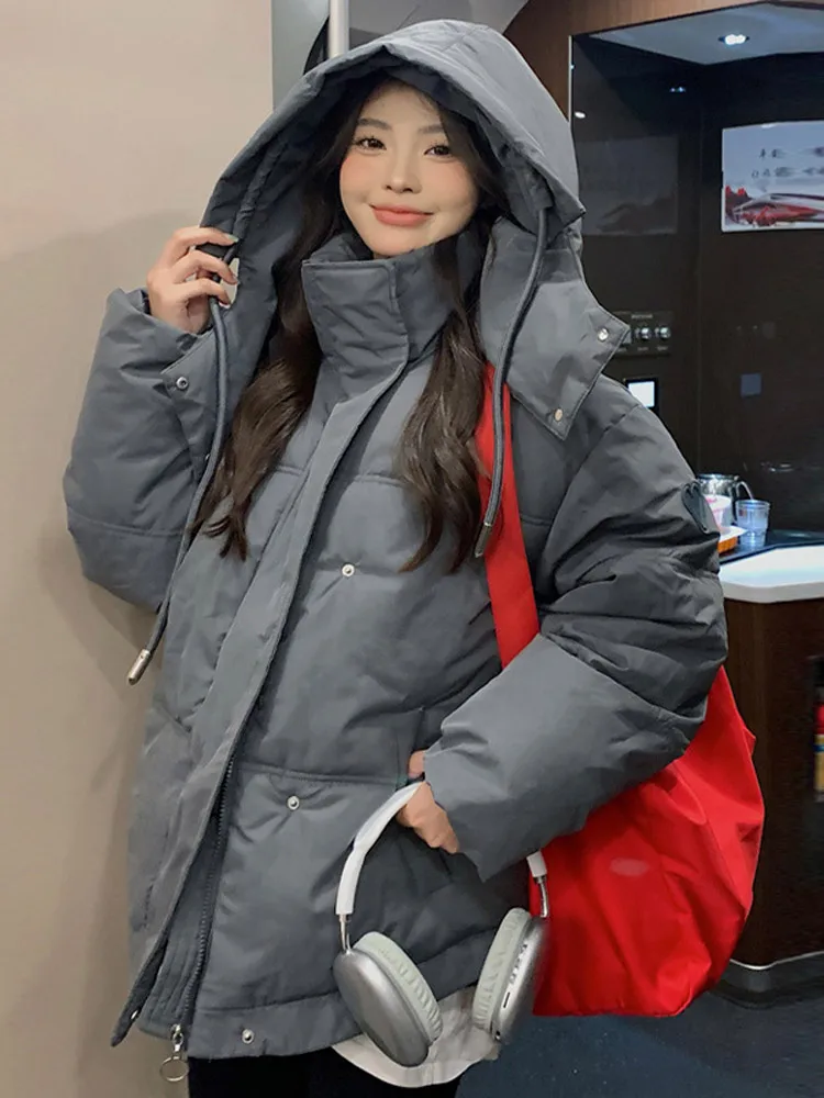 Casual parkas zíper puff casacos hoodies feminino engrossado solto sólido manga comprida jaquetas feminino inverno algodão curto casaco