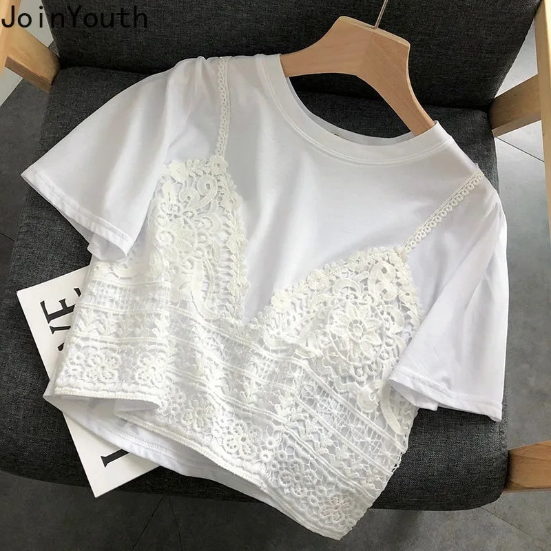 Fake Two Tshirts Women\'s Clothing Korean Summer Tees Crop Tops Ropa Mujer Patchwork Lace Casual Short Sleeve Fashion T Shirts