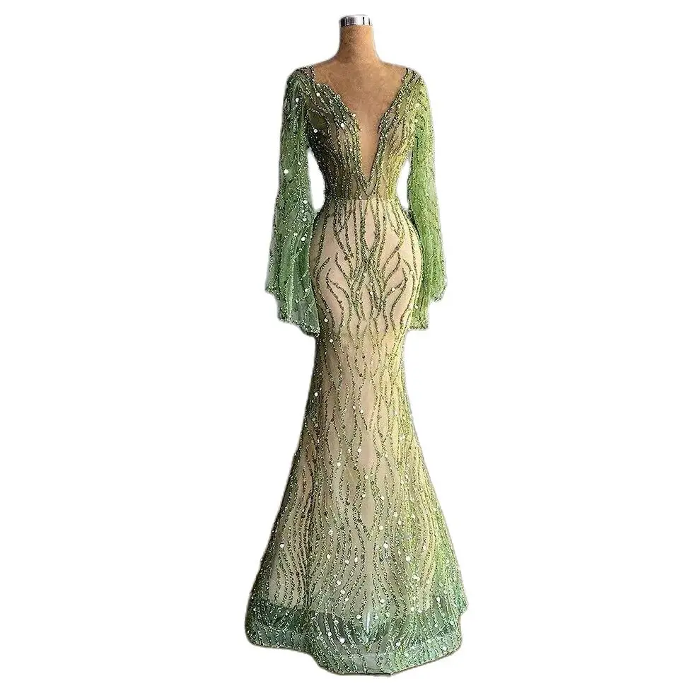 Elegant Mint Green Evening Dresses Deep V Neck Beaded Prom Gowns Custom Made Long Sleeves Sequined Mermaid Party Dresses