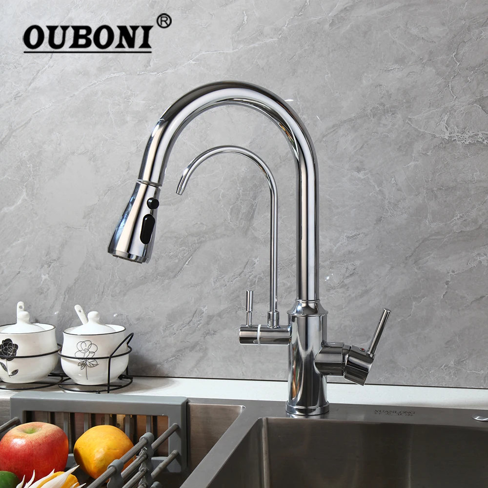 OUBONI Kitchen Sink Faucet Chrome Single Hole Pull Out Spout Hot And Cold Water Deck Mounted Stream Sprayer Head Mixer Tap